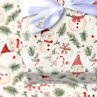 Adorable Holiday Snowmen Gift Wrap, Watercolor Snowman Wrapping Paper, Candy Cane Winter Wrapping Paper, Festive Christmas Present Paper Roll