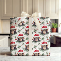 Santa Hat Monkey Gift Wrap, Chimpanzee Christmas Wrapping Paper, Humorous Animal Holiday Paper, Festive Pine Berry Present Wrapping Paper