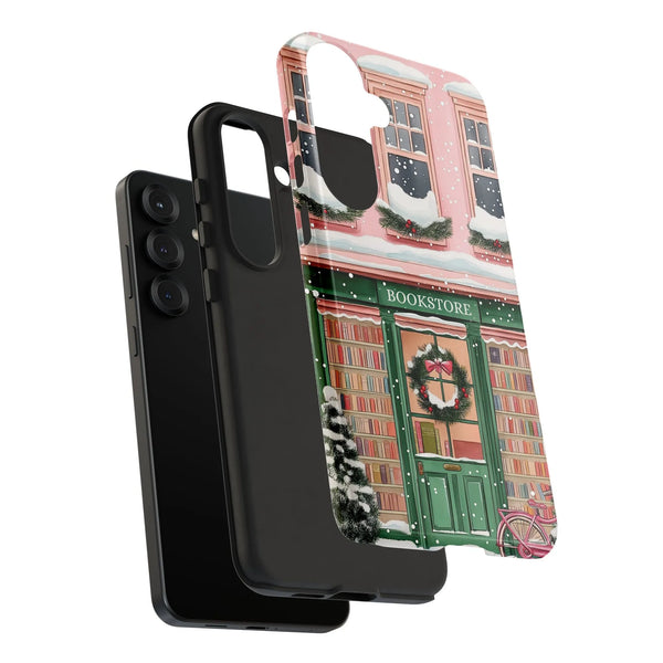 Comfy Winter Village Tough Phone Cover, Snowy Christmas Bookstore Phone Case for Samsung Galaxy, Holiday Library Phone Case