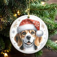 Santa Hat Dog Ceramic Ornament, Beagle Christmas Ornament, Festive Hound Puppy Tree Ornament, Dog Lover Holiday Keepsake Decoration Present