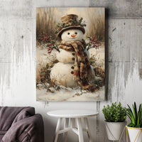 Vintage Winter Holiday Canvas Wall Art, Rustic Snowman Canvas Print, Farmhouse Christmas Canvas Painting, Festive Seasonal Decor Present