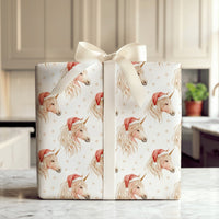 Watercolor Santa Hat Gift Wrap, Christmas Unicorn Wrapping Paper, Magical Fantasy Holiday Present Paper, Kids Xmas Wrapping Roll
