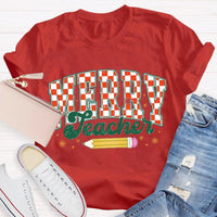 Holiday Educator Graphic Tee, Plaid Pencil Merry Teacher Christmas T-Shirt, Adorable Winter School Teacher Shirt, Christmas Teacher Present