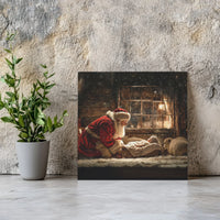 Rustic Stable Nativity Scene Painting, Santa at Nativity Manger Canvas Wall Art, Christian Christmas Canvas Print, Square Canvas Decor