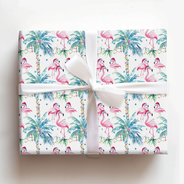 Coastal Palm Tree Gift Wrap, Tropical Flamingo Wrapping Paper, Beach Christmas Flamingo Wrapping Paper, Holiday Present Gift 