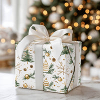 Pinecone Holiday Gift Wrap, Watercolor Christmas Tree Wrapping Paper, Gold Ornament Gift Wrap Roll, Botanical Xmas Present Paper