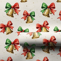 Jingle Bells Holiday Gift Wrap, Watercolor Christmas Bells Wrapping Paper, Festive Red Bow Wrapping Paper, Vintage Xmas Gift Wrapping Paper