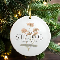 Wildflower Floral Bible Ornament, I Am Strong Romans 5 8 Christmas Ornament, Christian Ceramic Tree Ornament, Faith Holiday Present for Her
