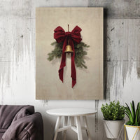 Rustic Red Velvet Bow Canvas Print, Christmas Jingle Bell Wall Art, Pine Branch Holiday Canvas Decor, Winter Farmhouse Seasonal Wall Art