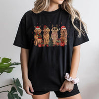 Adorable Dogs in Santa Hats Graphic Tee, Golden Retriever Christmas T-Shirt, Festive Dog Lover Holiday Shirt, Pet Mom Winter Xmas Present