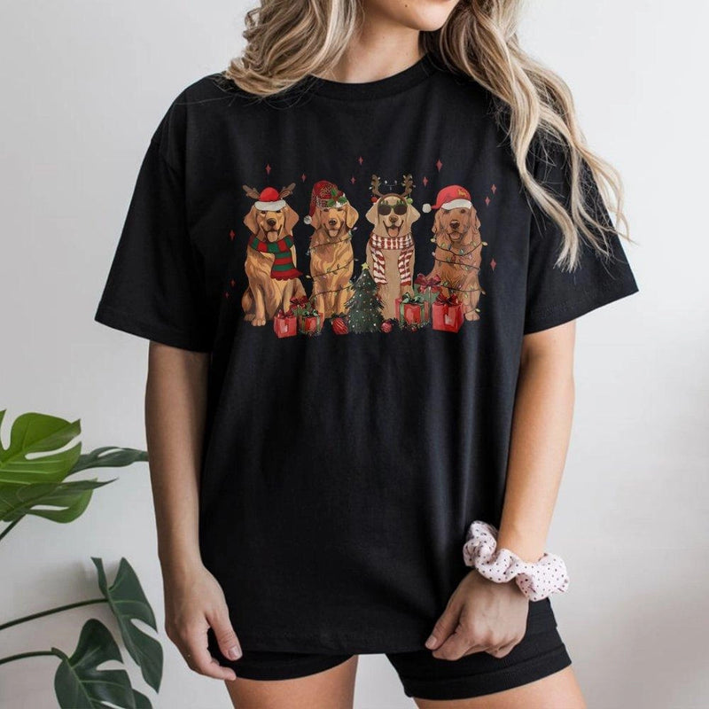 Adorable Dogs in Santa Hats Graphic Tee, Golden Retriever Christmas T-Shirt, Festive Dog Lover Holiday Shirt, Pet Mom Winter Xmas Present