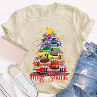 Custom Name Holiday Shirt, Personalized Christmas Tree T-Shirt, Colorful Crayon Snowflake Graphic Tee, Kids Family Christmas Tee