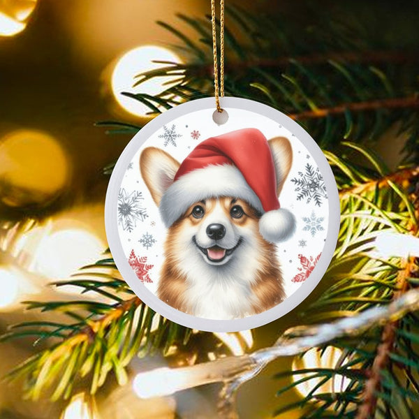 Santa Hat Dog Ceramic Ornament, Corgi Christmas Ornament, Personalized Dog Holiday Ornament, Puppy Xmas Tree Decor, Dog Lover
