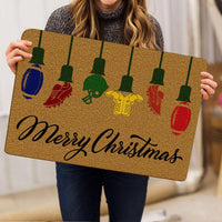 String Lights Holiday Football Doormat, Merry Christmas Football Doormat, Sports Fan Welcome Mat, Non-Slip Gameday Winter Entryway Rug