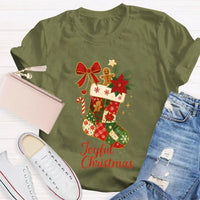 Retro Festive Pattern Tee, Christmas Bows and Holiday Socks Shirt, Adorable Christmas Graphic T-Shirt, Comfy Winter Holiday Present