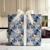 Watercolor Night Cabin Holiday Gift Wrap, Snowy Winter Village Wrapping Paper, Comfy Christmas Town Wrapping Paper, Festive Winter Gift Wrap