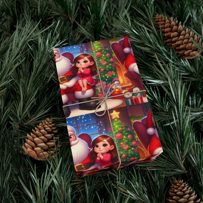 Adorable Cartoon Holiday Gift Wrap, Santa and Little Girl Christmas Wrapping Paper, Festive Xmas Present Paper, Kids Holiday Gift Wrap Roll