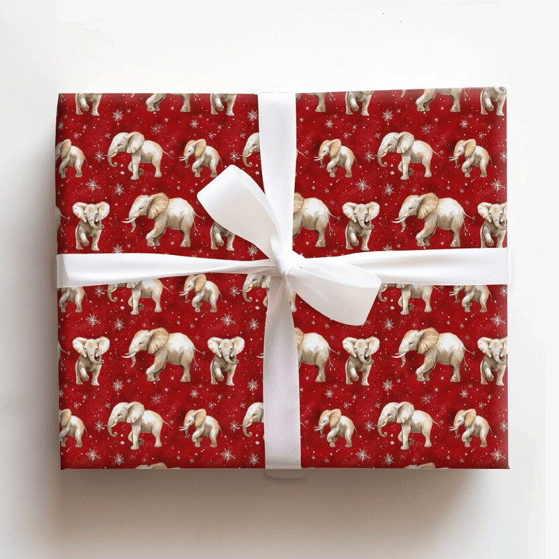 Red Snowflake Animal Gift Wrap, Watercolor Elephant Christmas Wrapping Paper, Winter Wildlife Elephant Wrapping Paper, Xmas Wrapping Paper