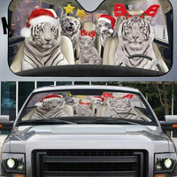 Holiday Animal Windshield Cover, White Tiger Christmas Car Sunshade, Adorable Winter Sun Visor Shield, Christmas Tiger Car Sun Shade Xmas Present