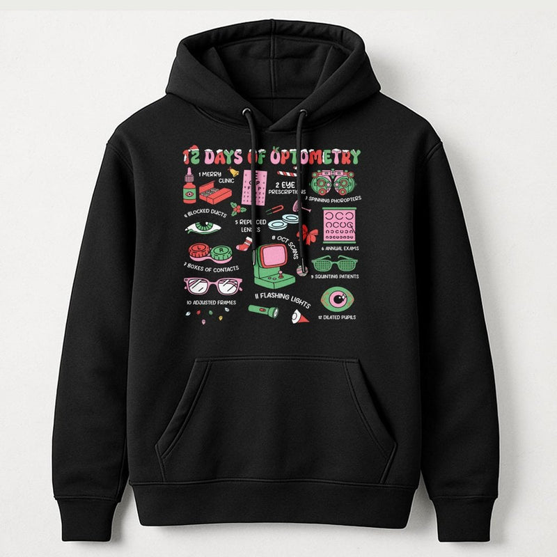 Humorous Eye Doctor Christmas Sweatshirt, 12 Days of Optometry Hoodie, Optician Holiday Pullover, Ophthalmologist Clinic Hooded Sweater Present