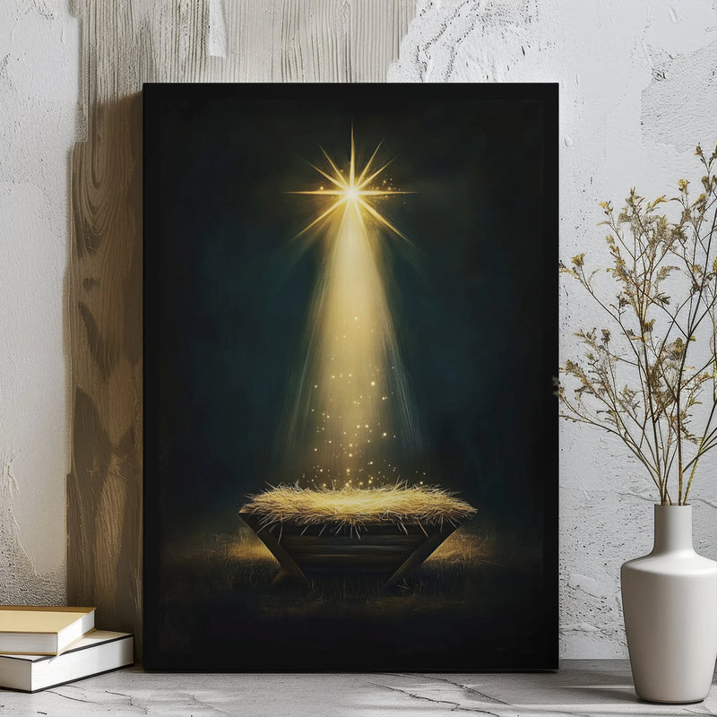 Bethlehem Star Holy Light Christmas Print, Nativity Manger Canvas Wall Art, Religious Christian Wall Decor, Digital Download