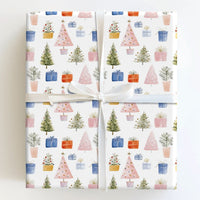 Potted Plant Holiday Gift Wrap, Watercolor Christmas Tree Wrapping Paper, Pastel Tree Present Paper, Winter Holiday Wrapping Paper Roll