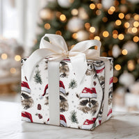 Santa Hat Animal Gift Wrap, Christmas Raccoon Wrapping Paper, Woodland Watercolor Wrapping Paper, Pinecone Holiday Gift Wrap Paper