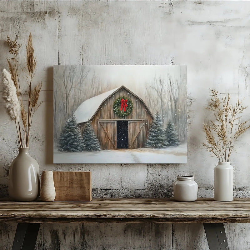 Snowy Farmhouse Christmas Wreath Print, Rustic Winter Barn Canvas Wall Art, Holiday Winter Landscape Canvas, Country Home Wall Decor