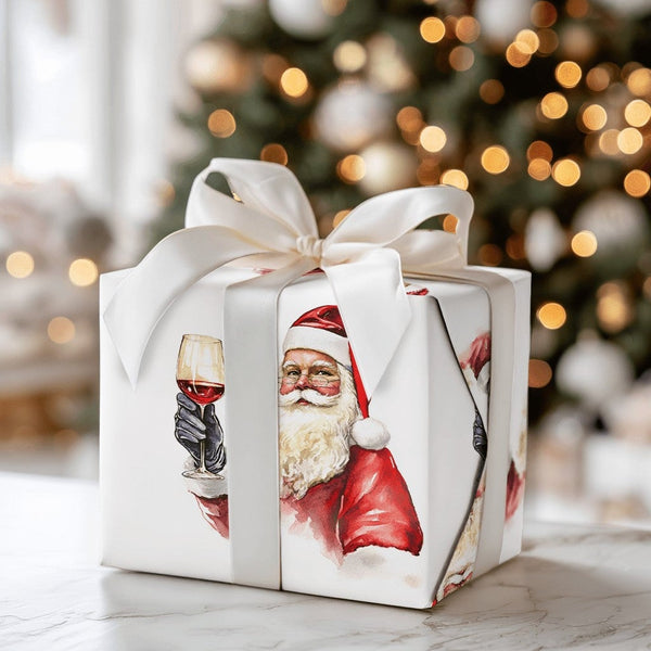Humorous Red Wine Holiday Gift Wrap, Santa Toasting Wine Wrapping Paper, Drinking Santa Claus Wrapping Paper, Adult Christmas