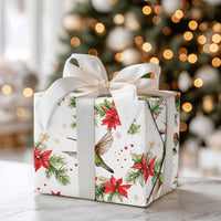 Watercolor Bird Gift Wrap, Hummingbird Christmas Wrapping Paper, Festive Poinsettia Holly Paper, Holiday Gift Wrap Roll