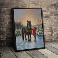 Girl Petting Horse in Snowy Forest Canvas, Horse Christmas Canvas Wall Art, Winter Equestrian Wall Decor, Holiday Season Canvas Print Present