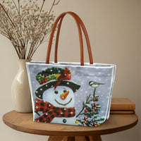 Winter Cardinal Shoulder Bag, Christmas Snowman Tote Bag, Holiday Scene Handbag, Adorable Snowman Graphic Tote Bag, Festive Christmas Present