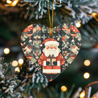 Patchwork Snowflake Christmas Ornament, Geometric Santa Heart Ornament, Ceramic Winter Holiday Tree Decor, Seasonal Family Keepsake