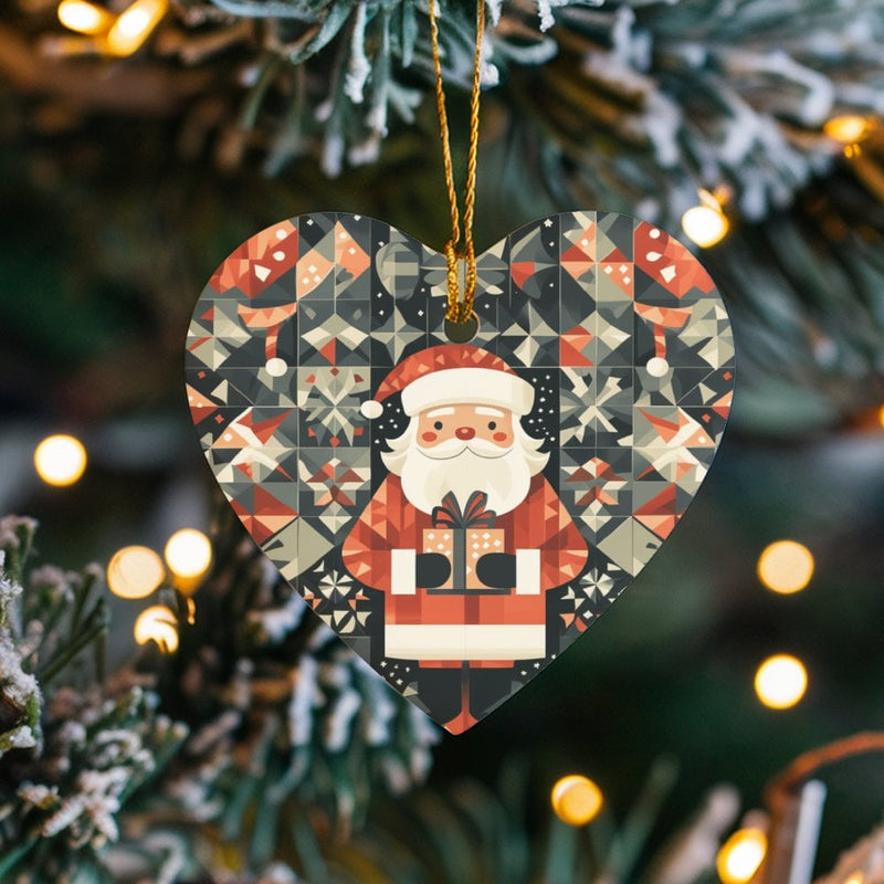 Patchwork Snowflake Christmas Ornament, Geometric Santa Heart Ornament, Ceramic Winter Holiday Tree Decor, Seasonal Family Keepsake