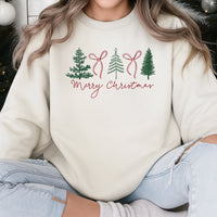 Minimalist Pine Tree Red Bow Crewneck, Merry Christmas Tree Sweatshirt, Coquette Christmas Tree Pullover, Holiday Winter Graphic Sweater