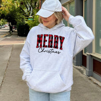 Retro Buffalo Plaid Christmas Sweatshirt, Merry Christmas Hoodie, Comfy Holiday Pullover, Winter Season Plaid Hooded Sweater Xmas Present