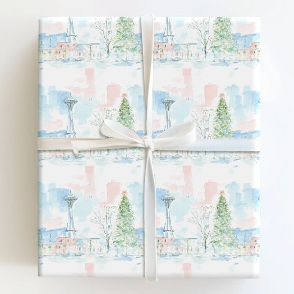 Watercolor Space Needle Gift Wrap, Seattle Christmas Wrapping Paper, Pacific Northwest Skyline Wrapping Paper, Festive Holida