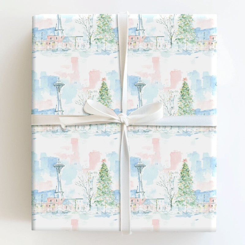 Watercolor Space Needle Gift Wrap, Seattle Christmas Wrapping Paper, Pacific Northwest Skyline Wrapping Paper, Festive Holiday Gift Wrap