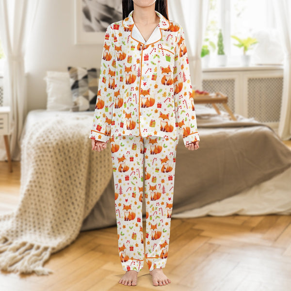 Woodland Animal Holiday Pajamas, Fox Christmas Satin Pajama Set, Festive Winter Pajamas, Adorable Fox Sleepwear Set, Comfy Ho