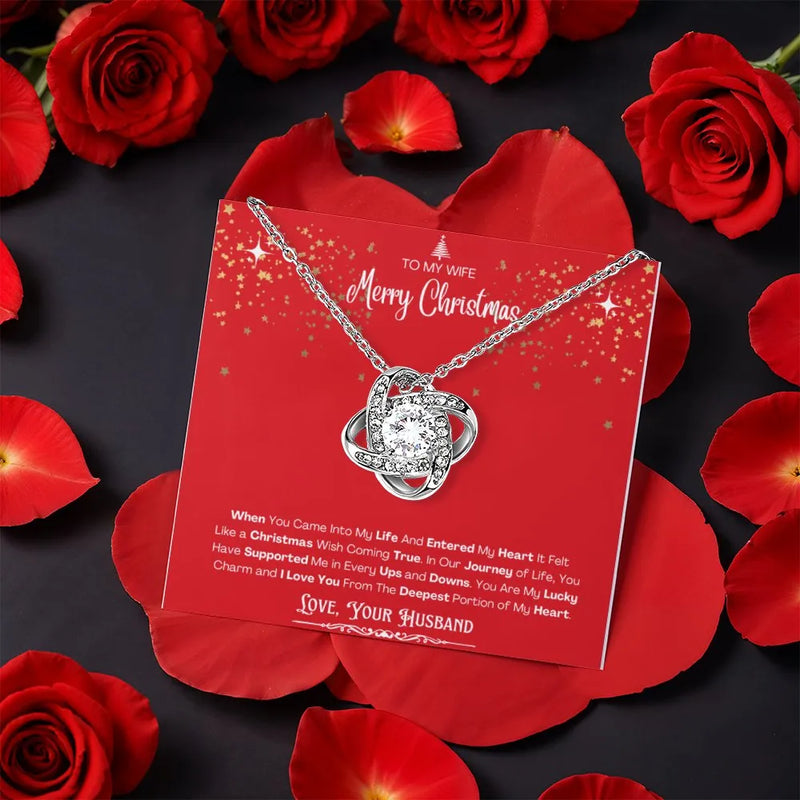 Rotating Rose Jewelry Box Set, Wife Christmas Love Knot Necklace, Gold Finish Wife Necklace, Romantic Holiday Keepsake Present for Her