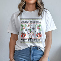 Humorous Goose Christmas Shirt, Overstimulated Yet Festive Goose T-Shirt, Ugly Sweater Goose Graphic Tee, Relatable Holiday T-Shirt Present