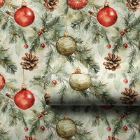 Pinecone and Berry Gift Wrap, Watercolor Ornament Christmas Wrapping Paper, Vintage Holiday Wrapping Paper, Rustic Pine Gift Wrap Roll