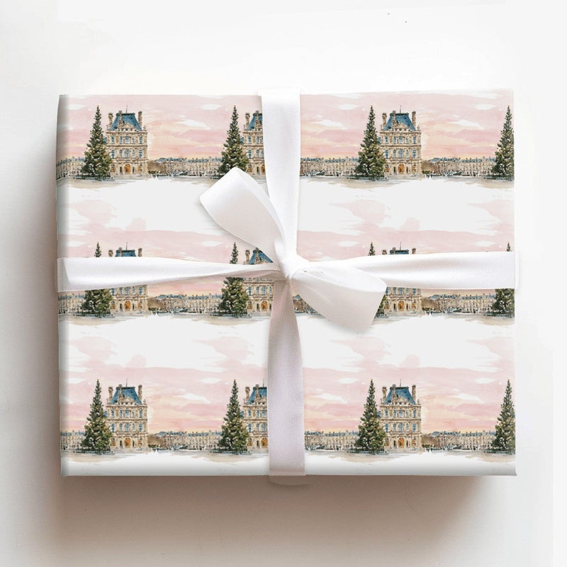 Watercolor Winter Paris Gift Wrap, Paris Louvre Christmas Wrapping Paper, French Cityscape Holiday Wrapping Paper