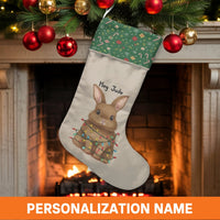 Adorable Rabbit Fairy Lights Stocking, Personalized Bunny Christmas Stocking, Custom Name Holiday Stocking, Kids Xmas Fireplace Mantle Decor
