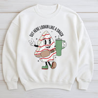 Lookin Like A Snack Sweater, Christmas Tree Cake Sweatshirt, Humorous Holiday Snack Graphic Crewneck, Retro Xmas Tree Cake Present Sweatshirt