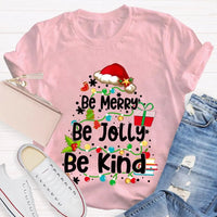 Santa Hat Fairy Lights Graphic Tee, Be Merry Be Jolly Be Kind Christmas T-Shirt, Holiday Family Shirt, Xmas Party Top