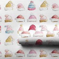 Pastel Santa Beanie Christmas Wrapping Paper, Watercolor Winter Hat Wrapping Paper, Comfy Holiday Wrapping Paper Roll, Festive Gift Wrap