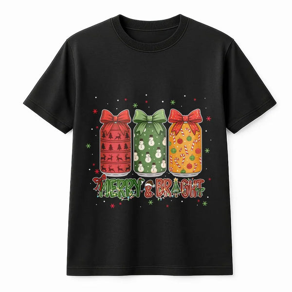 Festive Holiday Bottles Bow Shirt, Merry and Bright Christmas T-Shirt, Adorable Coquette Winter Graphic Tee, Xmas Holiday Sea