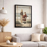 Vintage Beach Christmas Canvas, Coastal Santa Surfboard Wall Art, Surfing Santa Holiday Decor, Coastal Christmas Canvas Print, Surfer Present