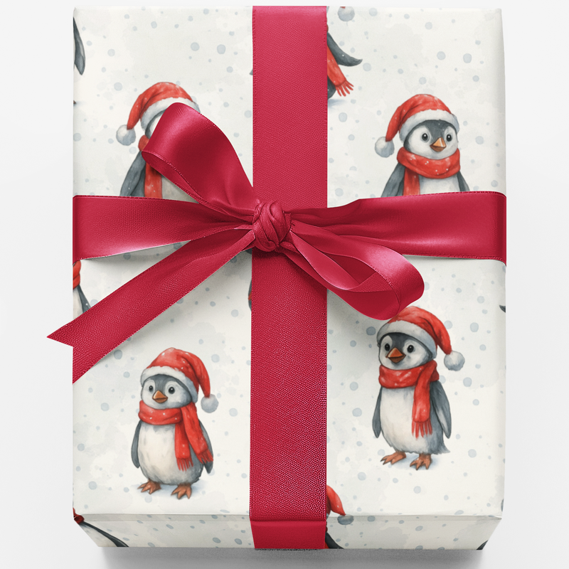 Watercolor Winter Penguin Wrapping Paper, Christmas Penguin Gift Wrap Paper, Adorable Arctic Animal Gift Wrap Roll